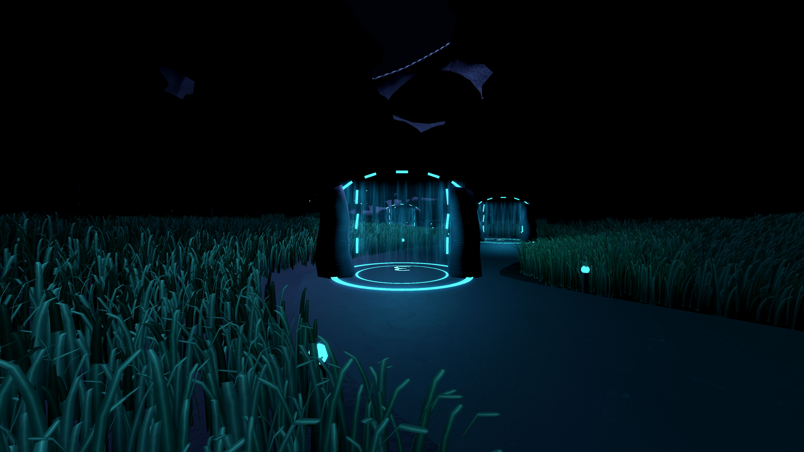 Glowing arch gates along a dark forest trail in the VR StrideS demo arena.