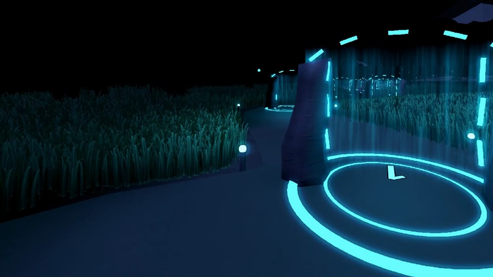 First-person view of the demo arena gate course at night, passing a lit archway with the next gate ahead on the trail. Motion is paused because reduced motion is enabled.