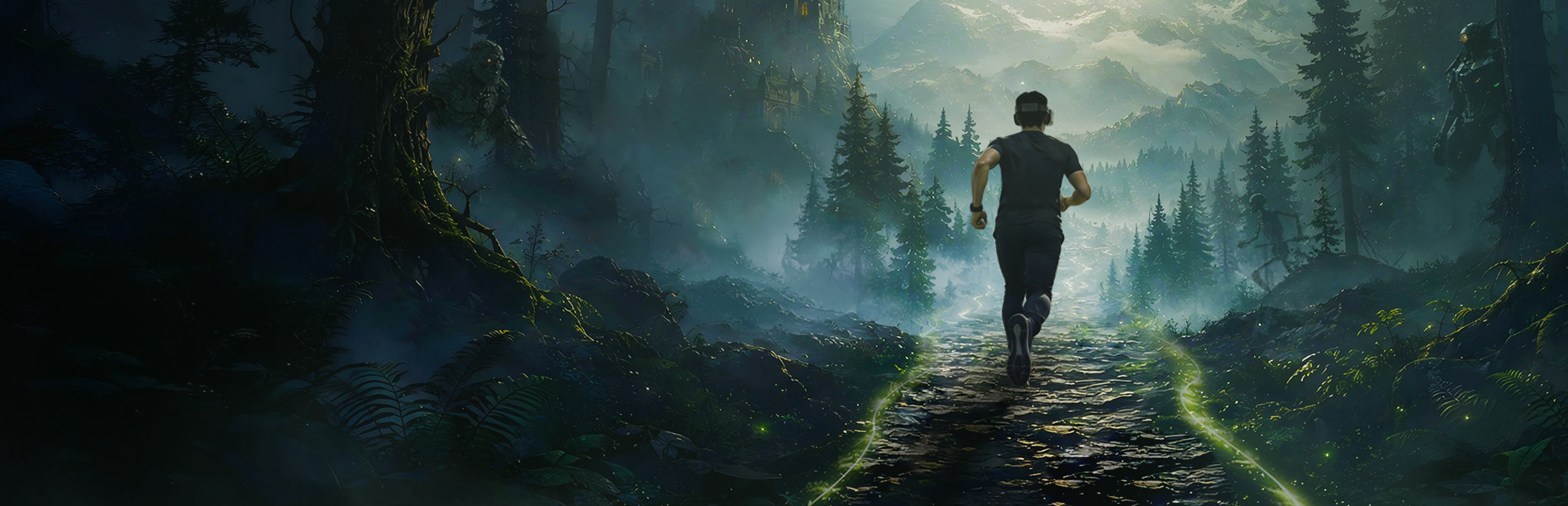 A lone runner on a glowing trail through a dark misty forest, mountains rising in the distance.
