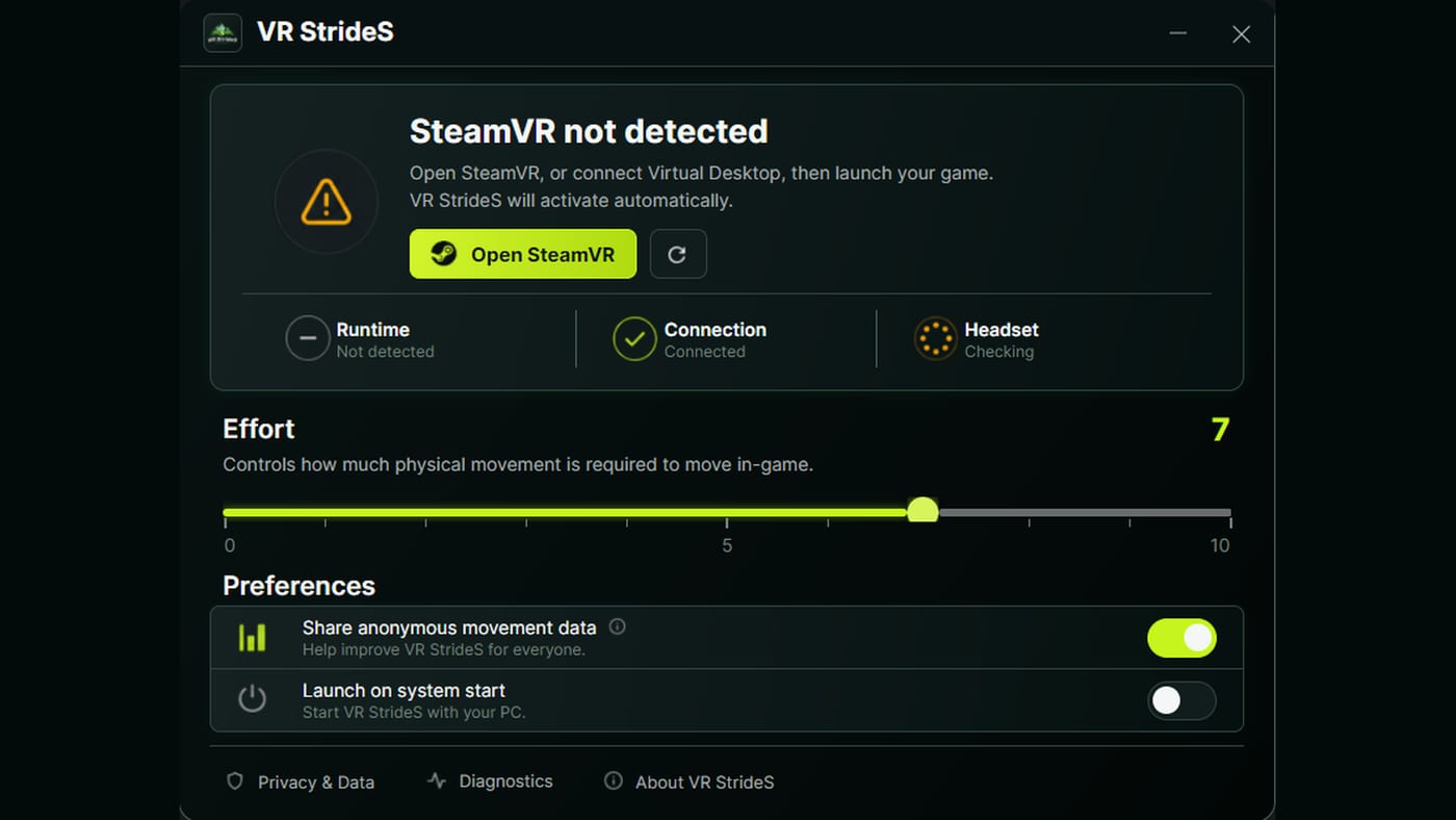 The VR StrideS desktop window, showing runtime, connection and headset status alongside the Effort slider.