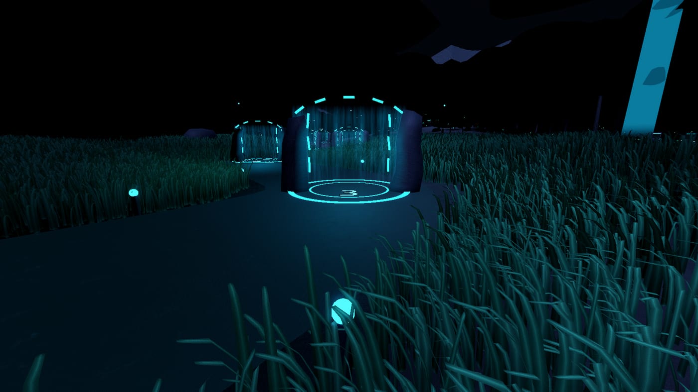 A glowing cyan archway numbered three on a dark path between banks of luminous grass.