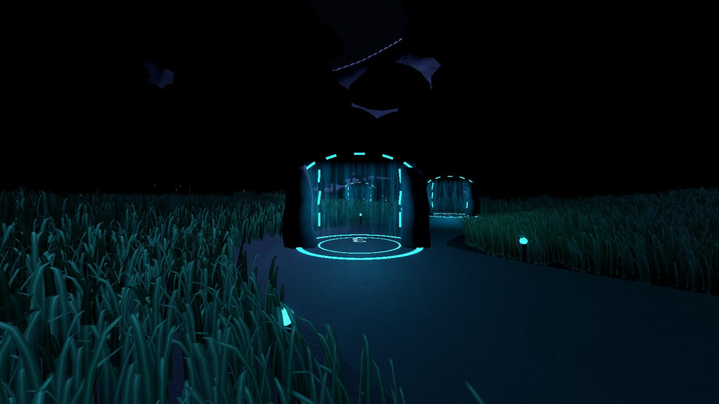 A lit archway directly ahead on a dark trail through glowing grass.