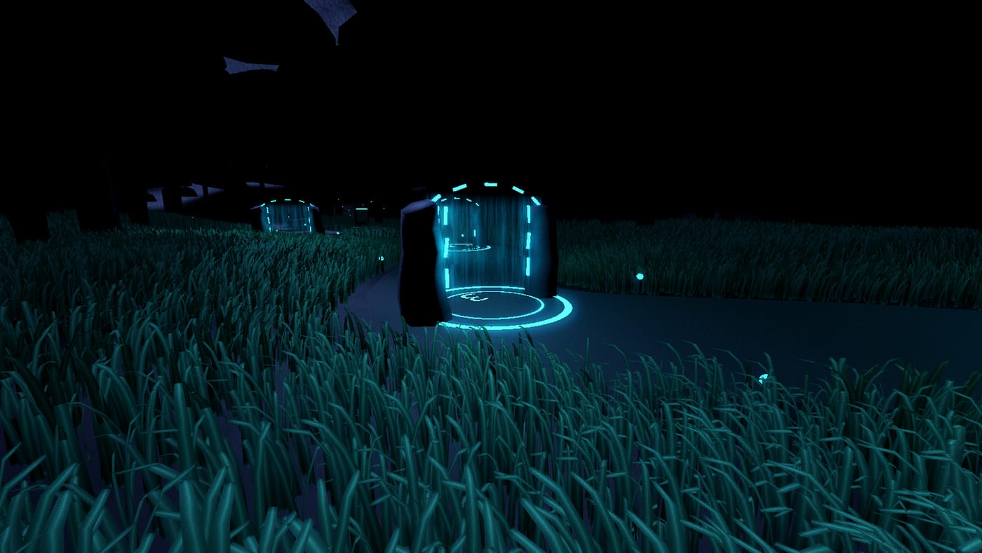 A glowing archway viewed at an angle, with a second archway further down the dark trail.