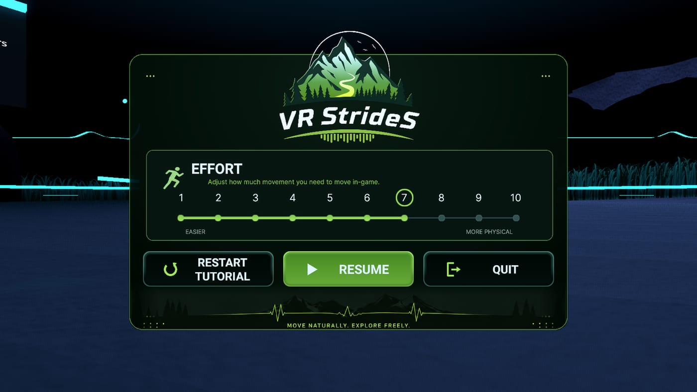 The VR StrideS in-headset menu, showing the Effort scale from 1 to 10 with 7 selected.