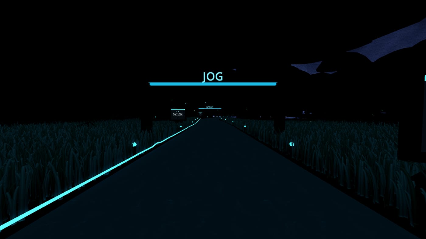 First-person view passing under a lit archway on the demo arena trail at a jogging pace.