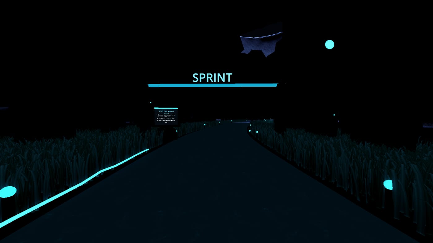 First-person view passing under a lit archway at speed, with motion streaks along the trail.