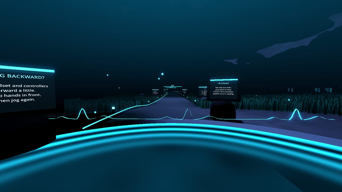 A dark tutorial arena lit in cyan, with instruction boards either side of a path and a glowing cadence waveform running across the scene.